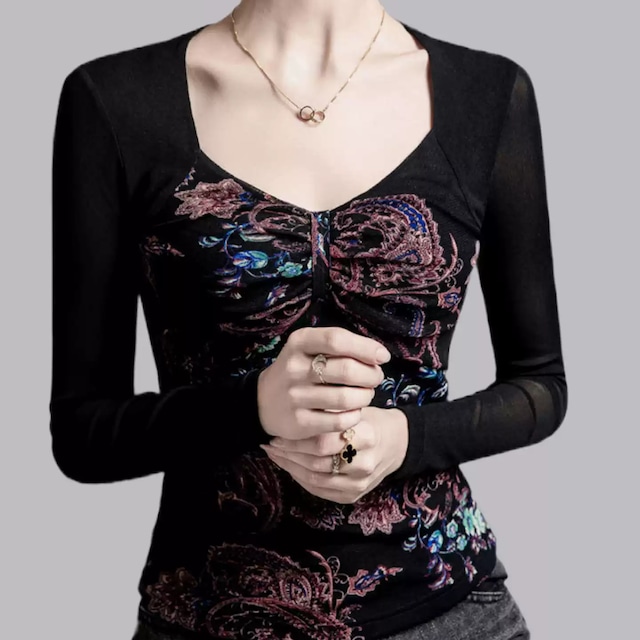 ペイズリーデザイン シアースリーブトップス ds1226