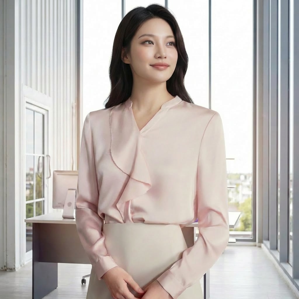 フリルネックロングスリーブシャツ A1080