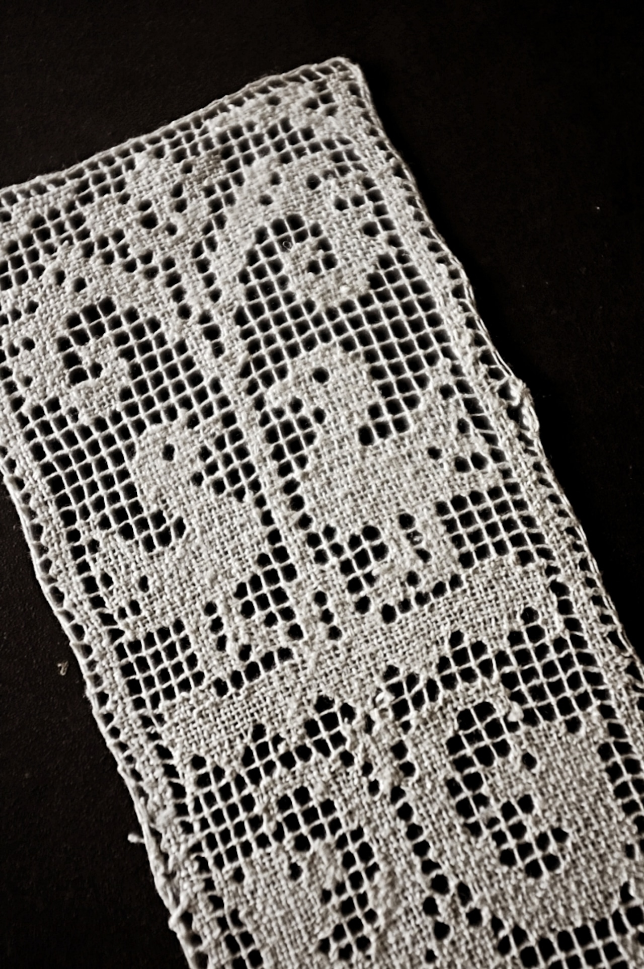 19世紀 フランス リネン 鳥と魚と薔薇と カンデラブルムのあるゴシック的ハンドワークフィレレースモチーフ アンティーク