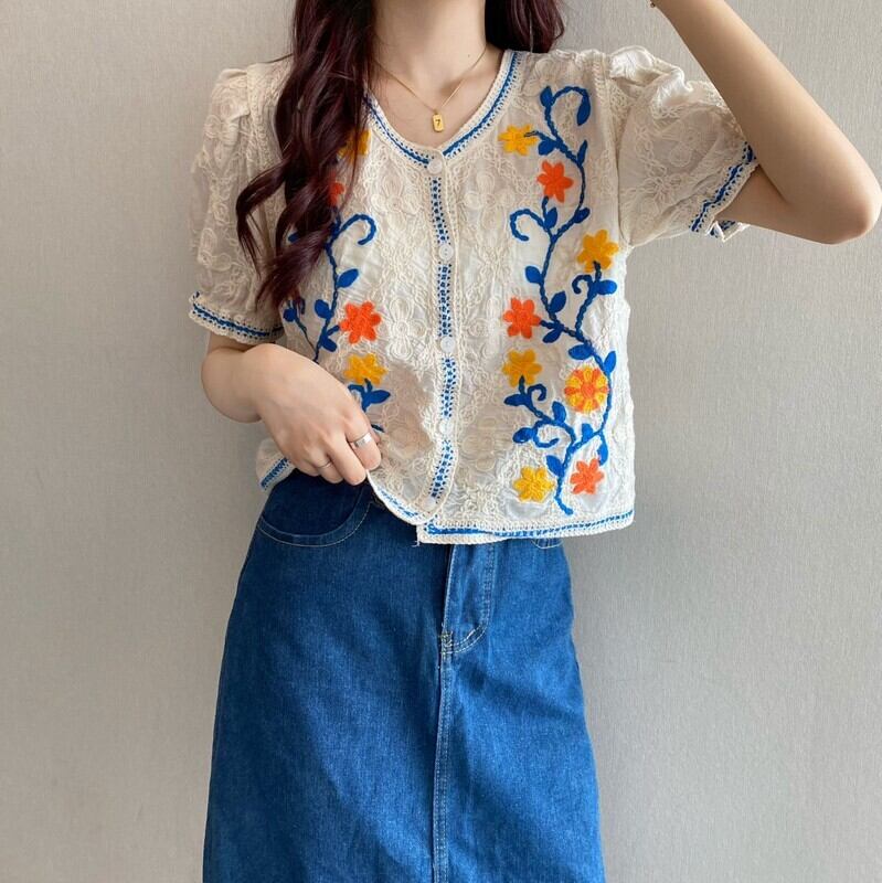 スタンダード刺繍ジャカードVネックセーター 薄手レディースサマースリーブカーディガントップス レトロ 夏物 1号婦人26725569886