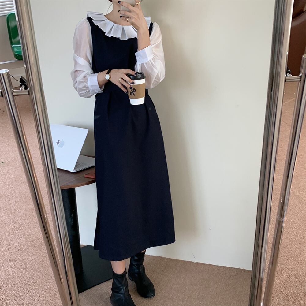 プリーツカラーロングスカート ウェスト ハーネス ベルト ステッチ ビッグFスモールZ韓国50693799222