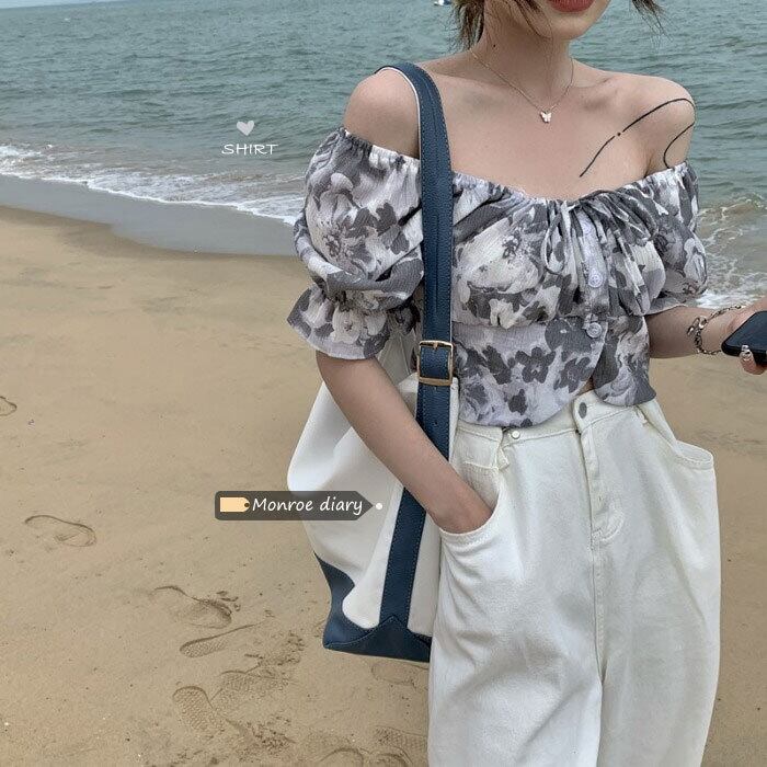 スリーブフローラルシフォンシャツ ショートトップス サマースタイル 大人ガーリー スウィート キュート カジュアル 夏物 花柄 モンロー89835947694