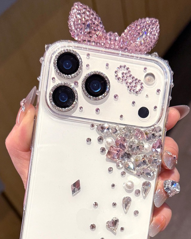 ピンククリスタルリボン ラインストーン クリアiPhoneケース スマホケース