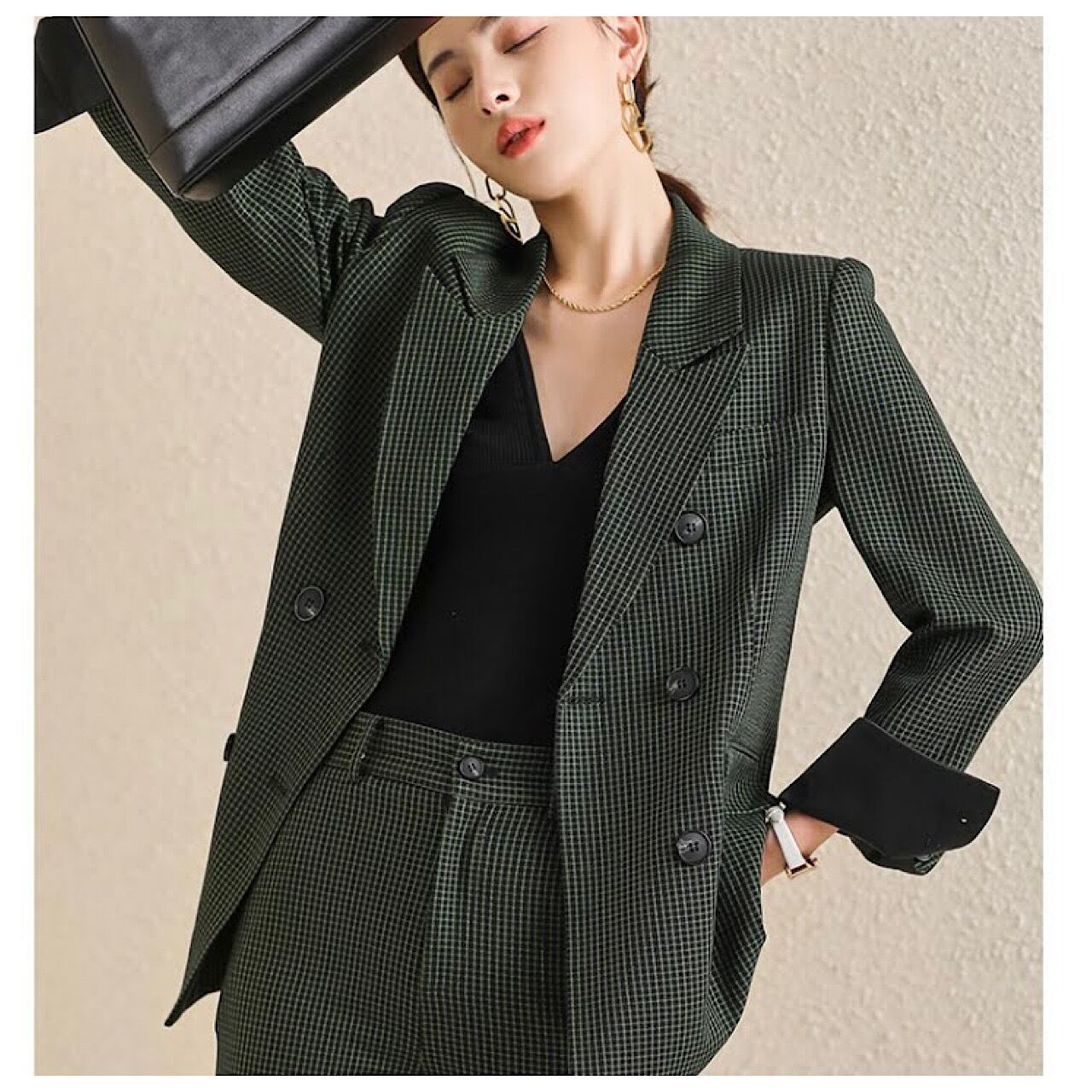 フォーマルスーツ ダークグリーン チェック柄 新作 ファッション ダークグリーン チェック柄 ダブル ビジネス