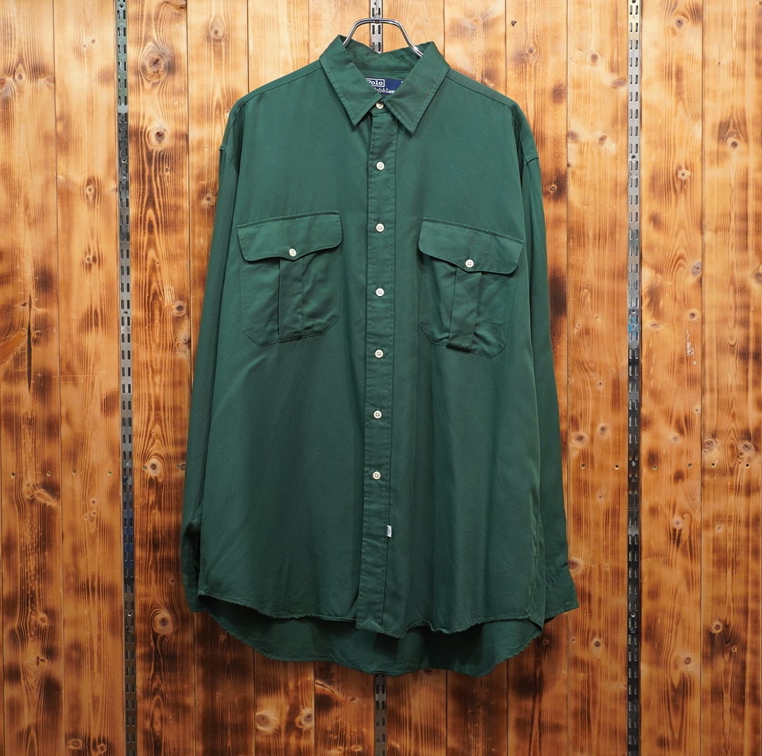 90s ralphlauren レーヨンシャツ L /ラルフローレン 緑 グリーン