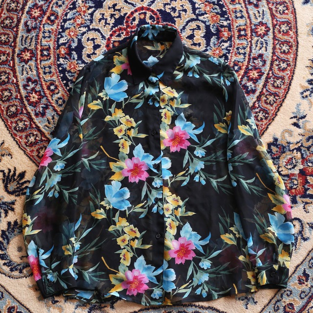 black base colorful flower l/s see-through shirt