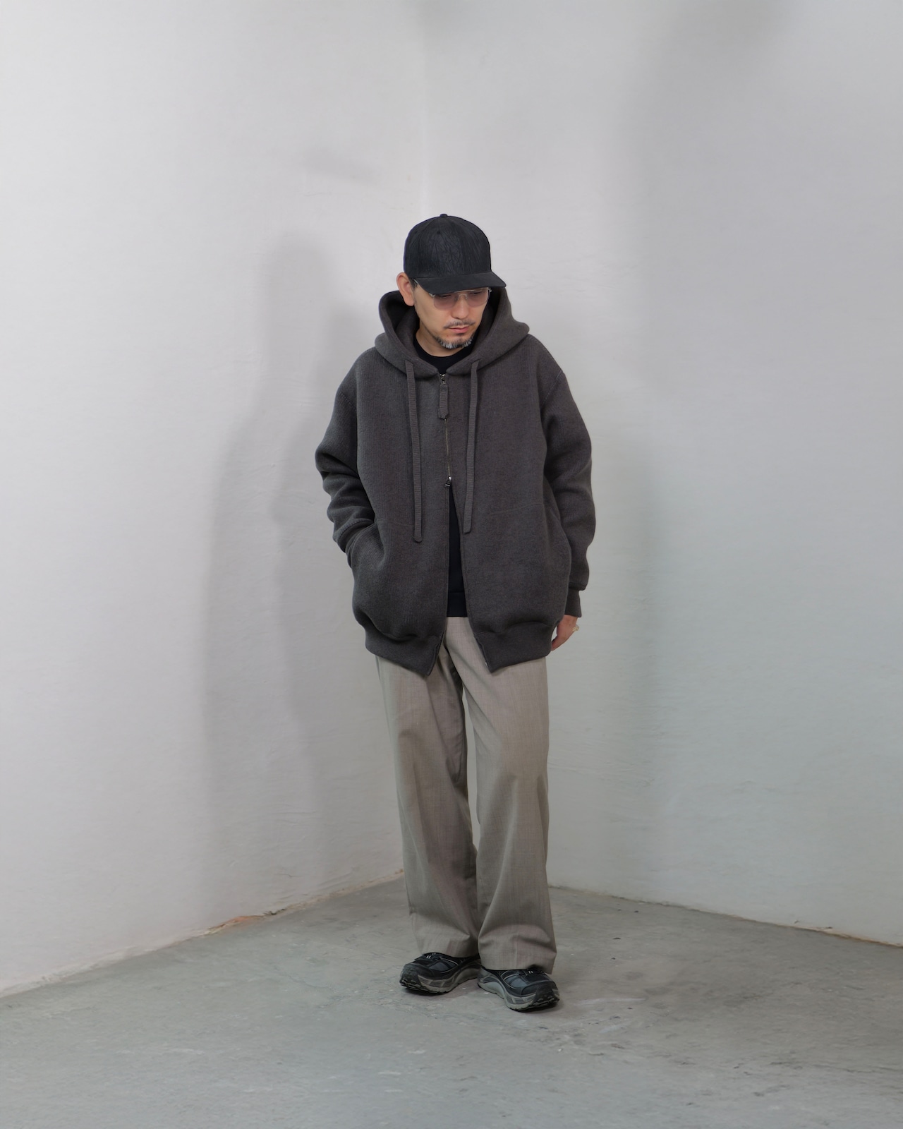 MAYKAM - Wool Sweat Zip Hoodie :Grey|エクストラファインウール混/軽量ボリューム/ダブルジップ/共糸ドローコード