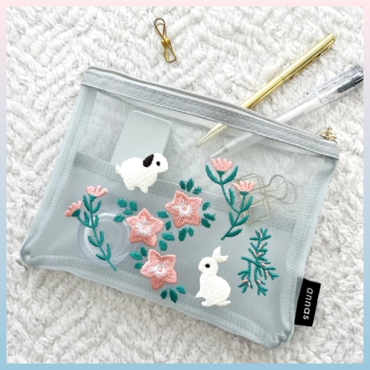 アンナス 刺繍メッシュポーチ うさぎ