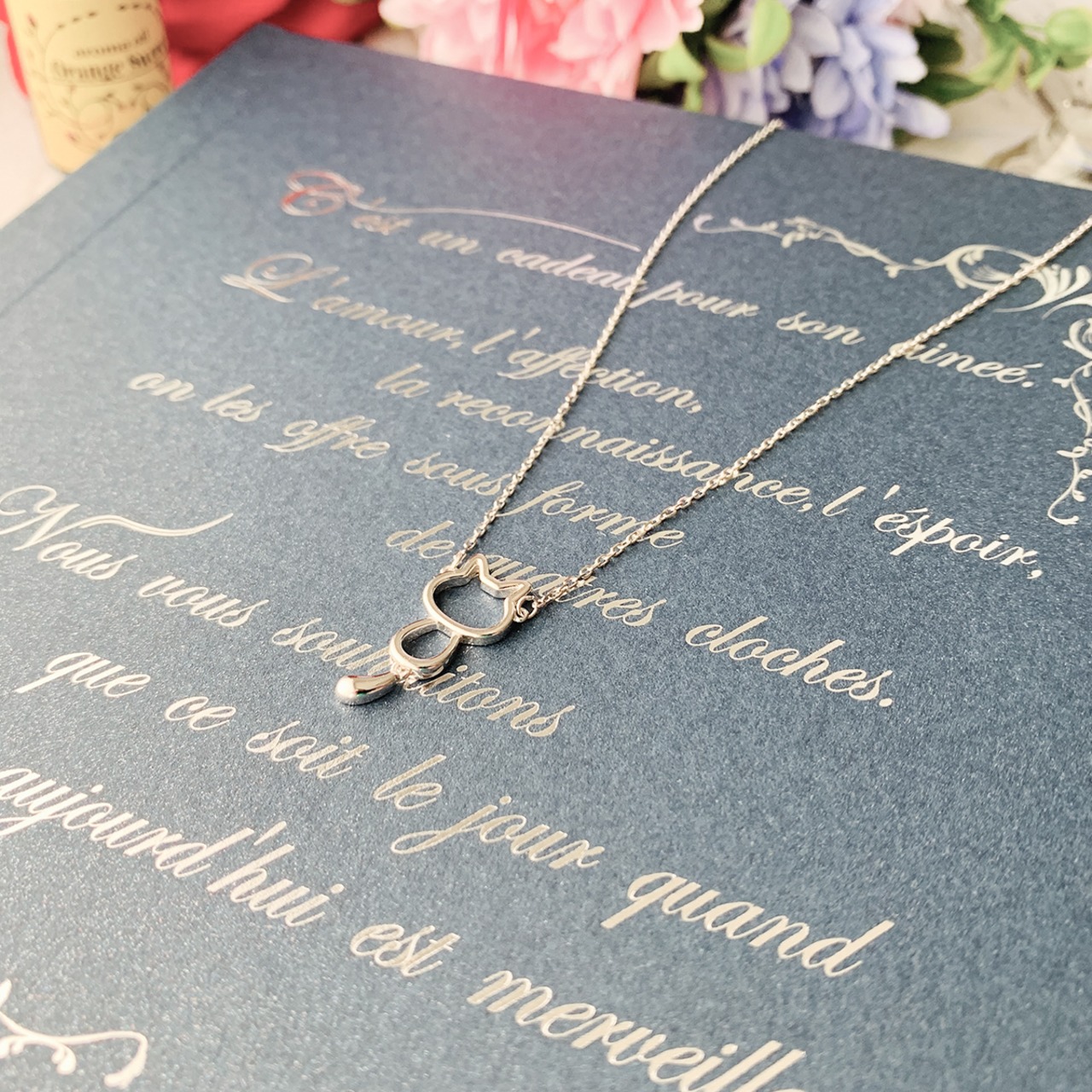 キャットシルエットドロップテールシルバーネックレス