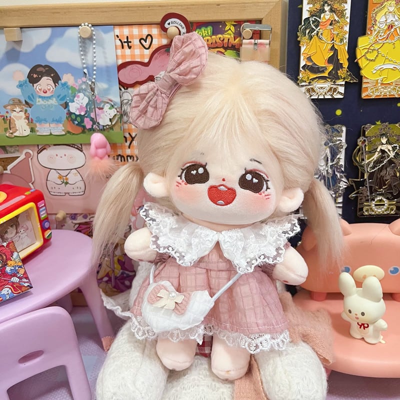 20cmぬいぐるみ用 レース襟チェック柄ワンピース＋ヘアアクセサリー＋