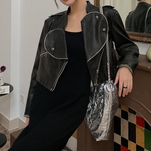 Round cut Eco leather jacket＊S-492