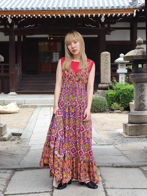 70s pattern tiered dress & gown【1548】