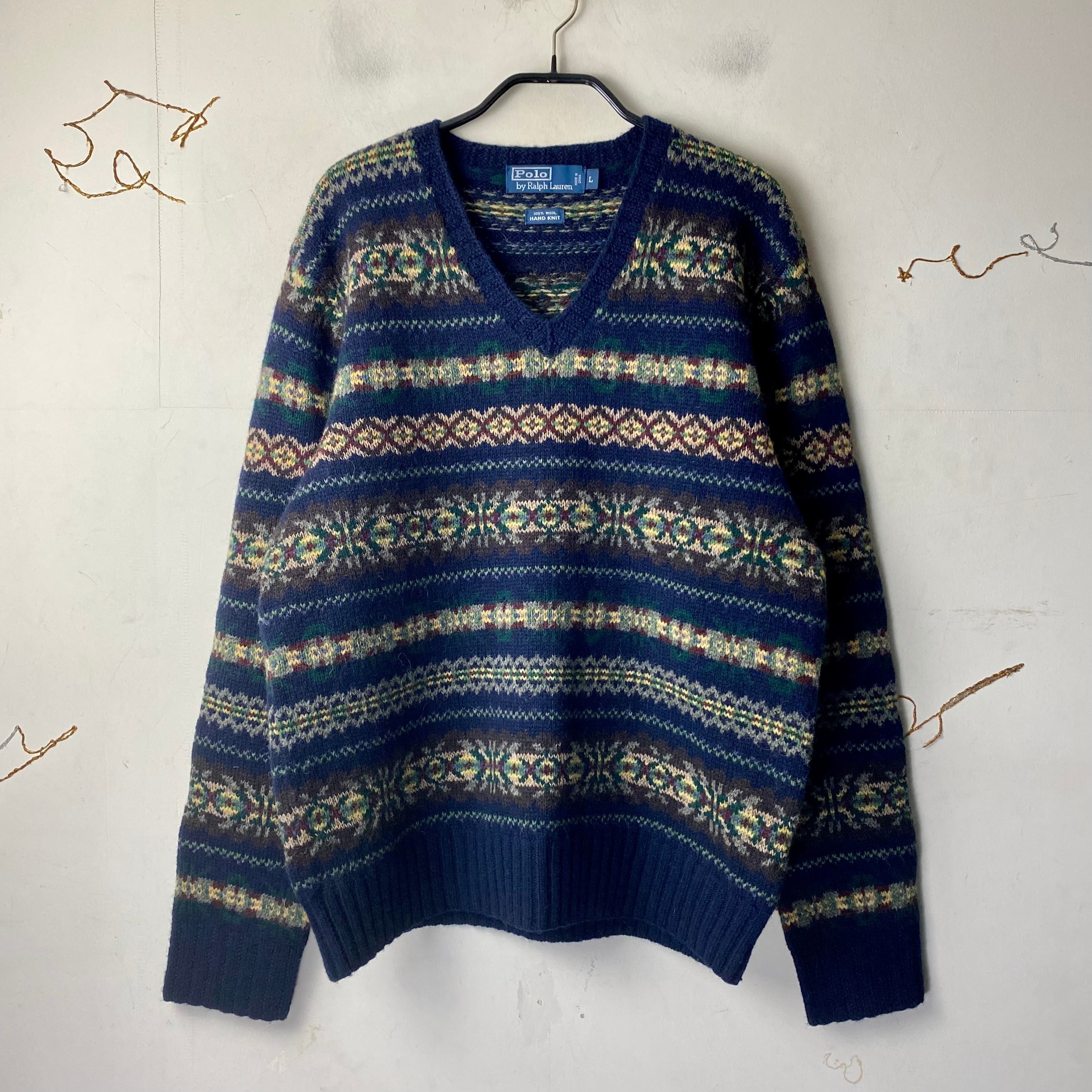 POLO by RALPH LAUREN native pattern V-neck hand knit sweater 