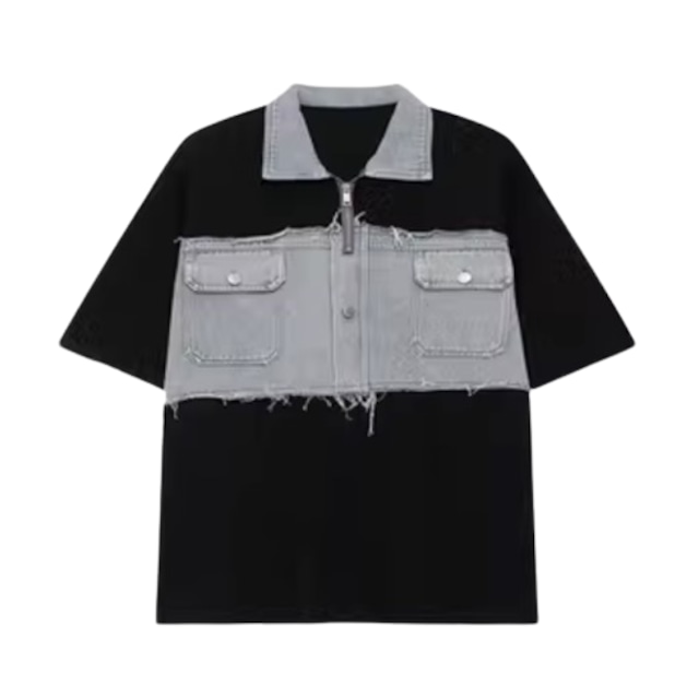 Denim collaboration half zip short sleeve polo shirt