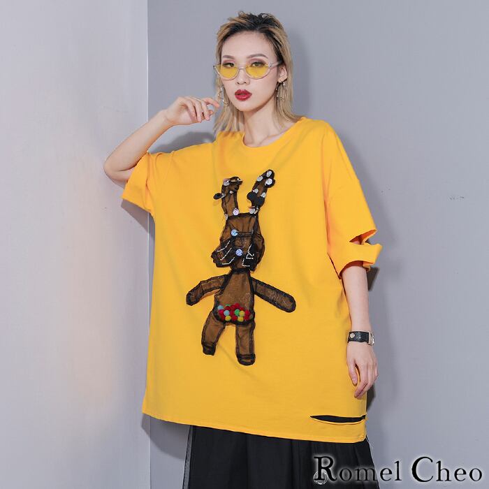 RomelCheo ビッグシルエット tシャツ 半袖 ウサギ パッチ アップリケ ダメージ加工 ロンT ドロップショルダー ロング丈 病みかわ 原宿風  ストリート ファッション 古着風 リメイク風 大人可愛い キラキラ ゆめかわ ロメルチェオ