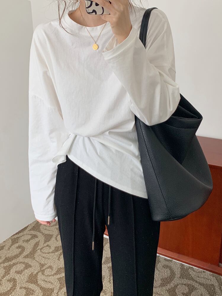 ホワイトスリーブTシャツ シャツ オータムスタイルルーズ薄手ラウンドネック ロング 秋物 Oネック ビッグFスモールZ韓国31257883097