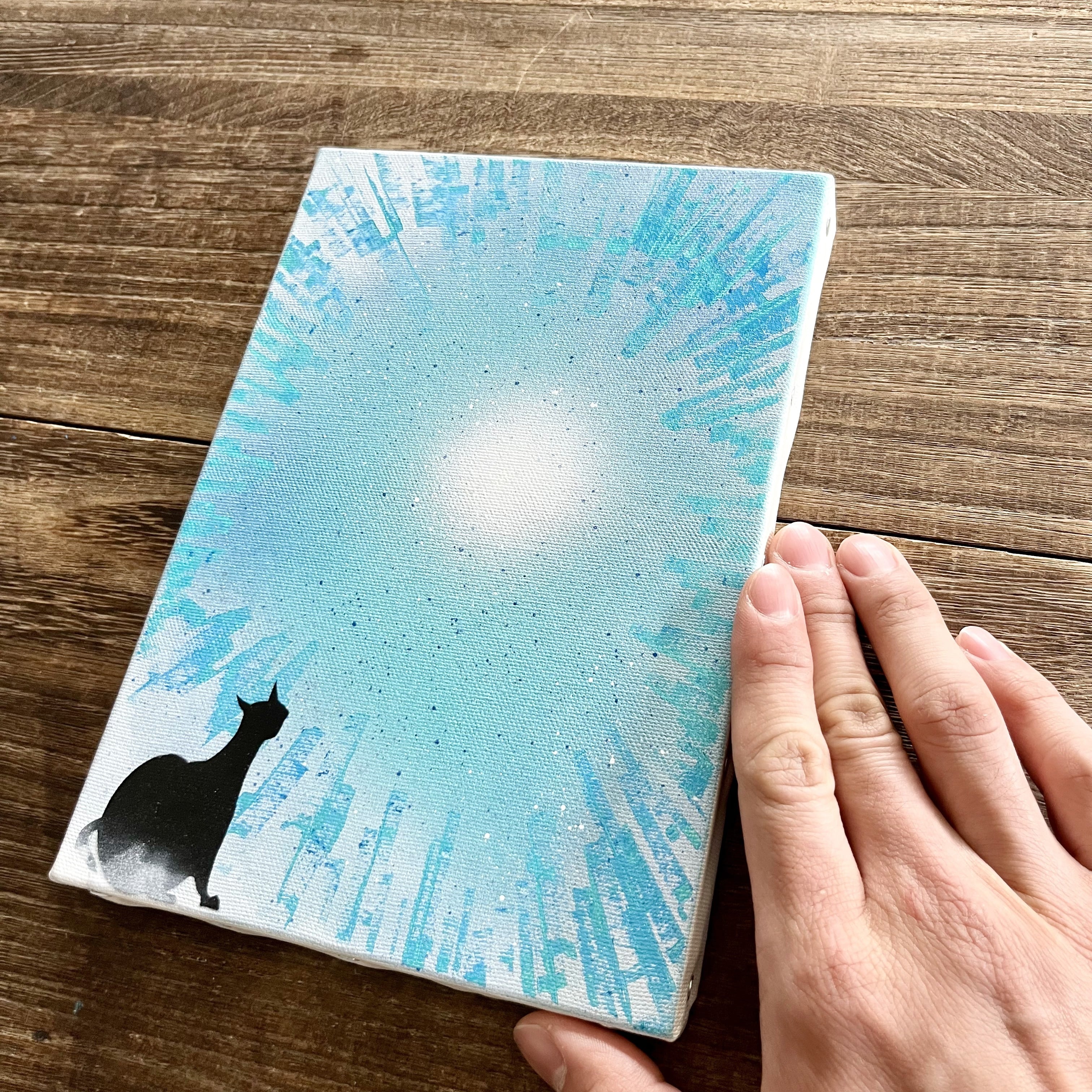 猫のいる街」原画 黒猫×街 青 ターコイズ 絵画 キャンバス 風景画