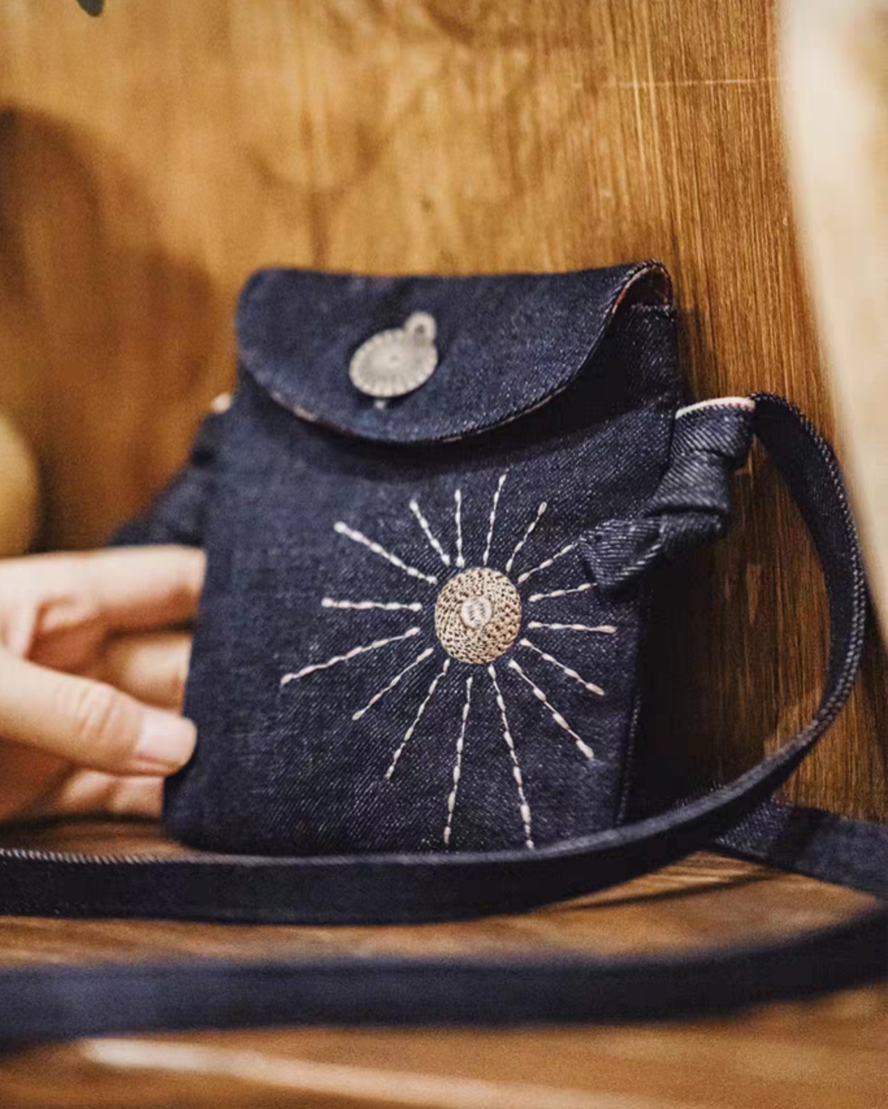 Vintage Embroidered Denim Crossbody Bag  K0465