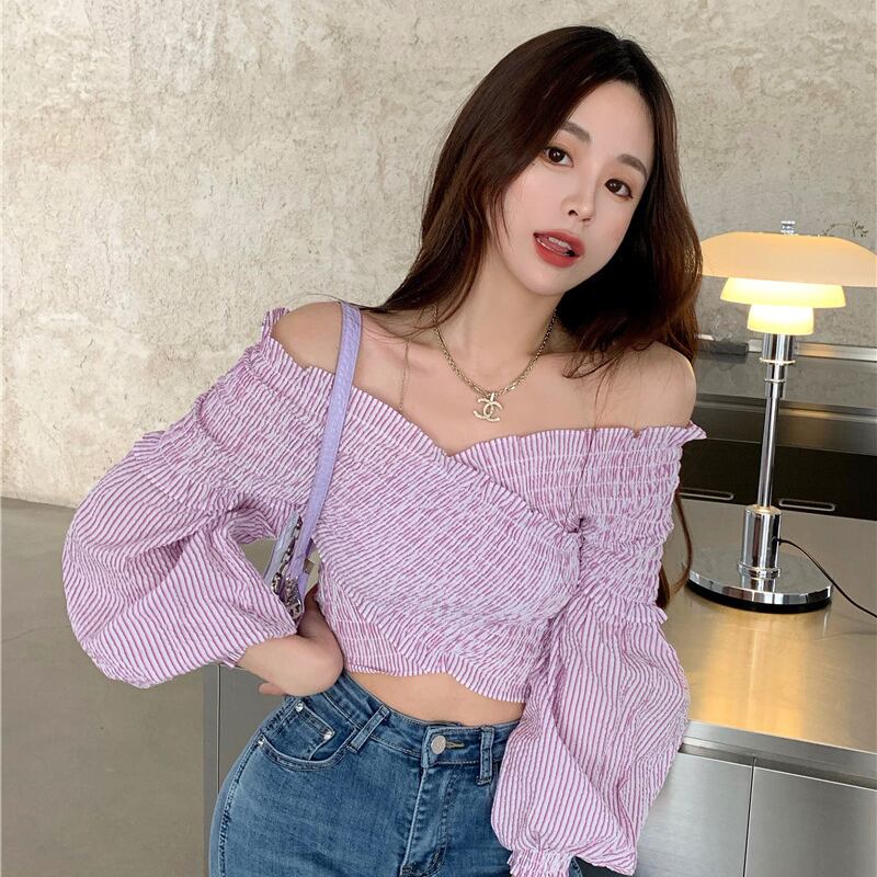 カラー薄手ブラウス レディーススプリングクロスVネックシャツ ランタンスリーブ 春物 ドラファッションホール59853004839