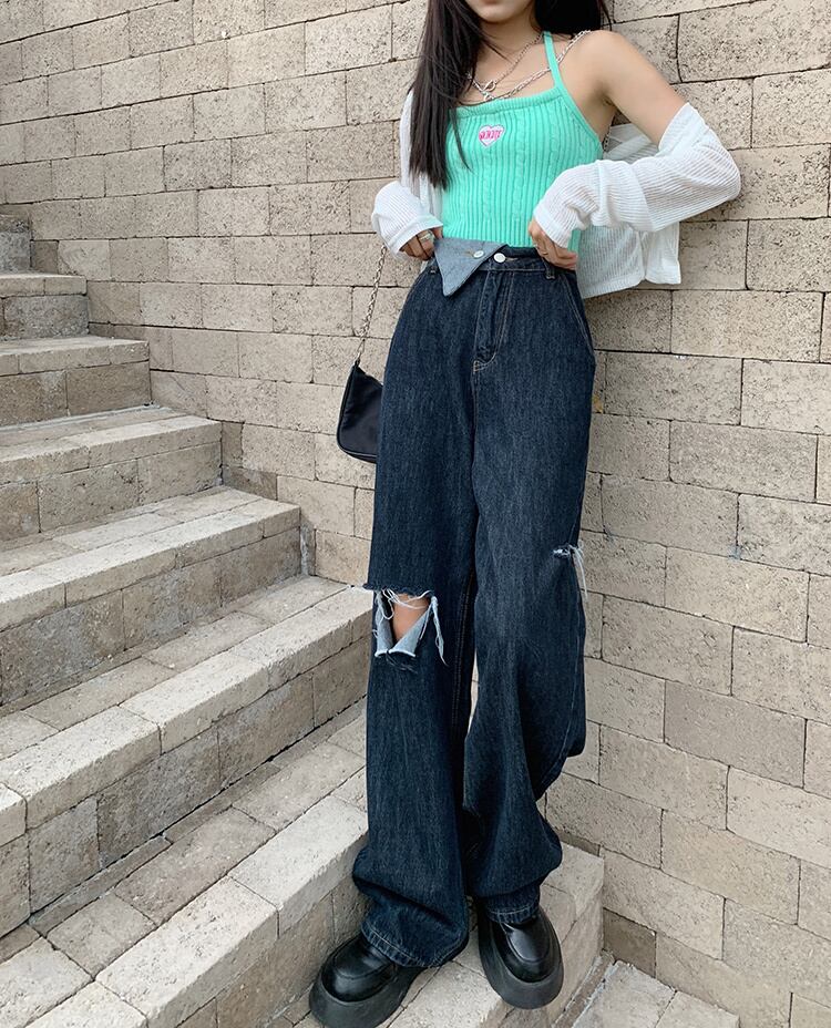 スタイルダークハイウェストウェストワイドレッグパンツ スプリングオータム薄手ルーズロング 春物 秋物 ワイドパンツ モンロー59996258232