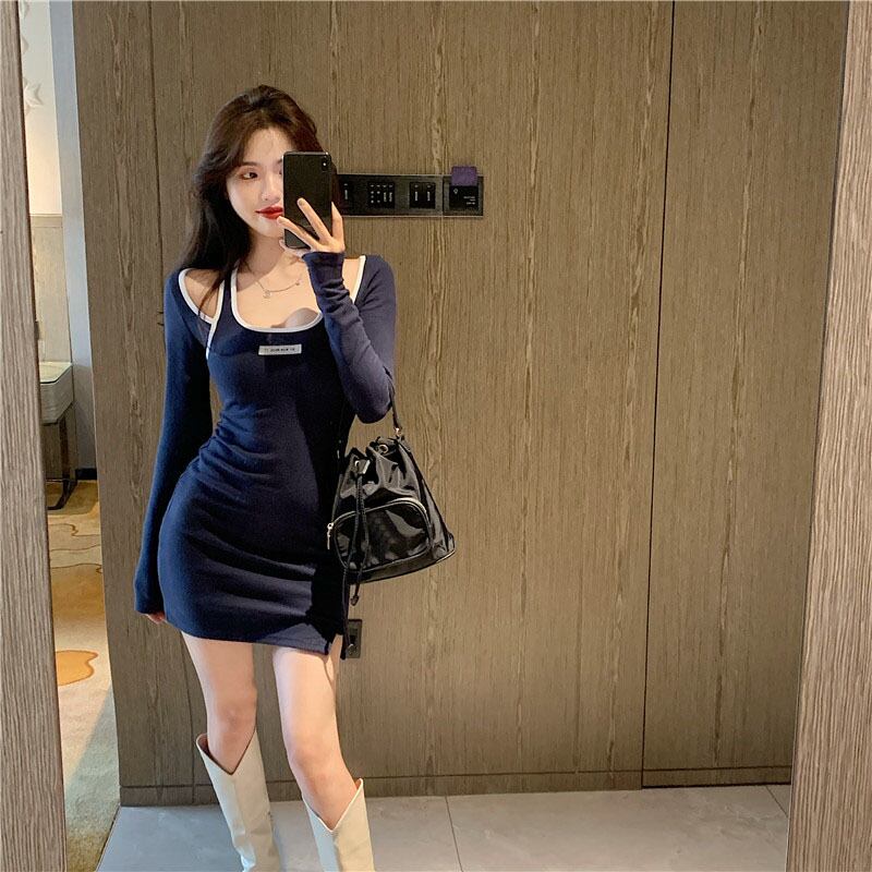 ハンギングネックストラップ長袖ブルードレス女性初秋セクシータイトフィットヒップスカート2020新気性スカート ブラックストロベリース91996640339