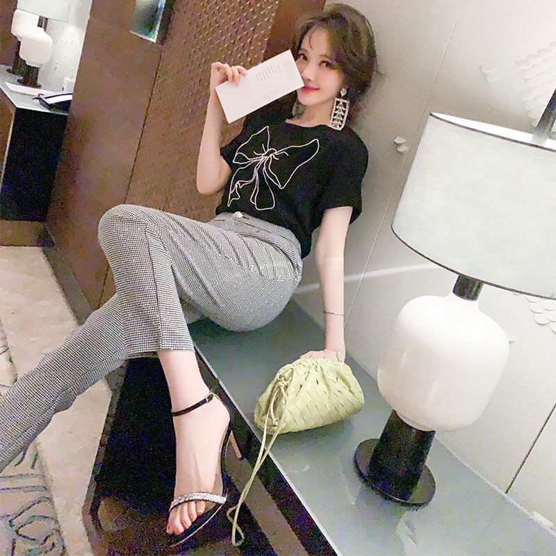 リボンラウンドネックTシャツ パターン薄手パンツ サマースタイル 夏物 Oネック MIUCO63255621070