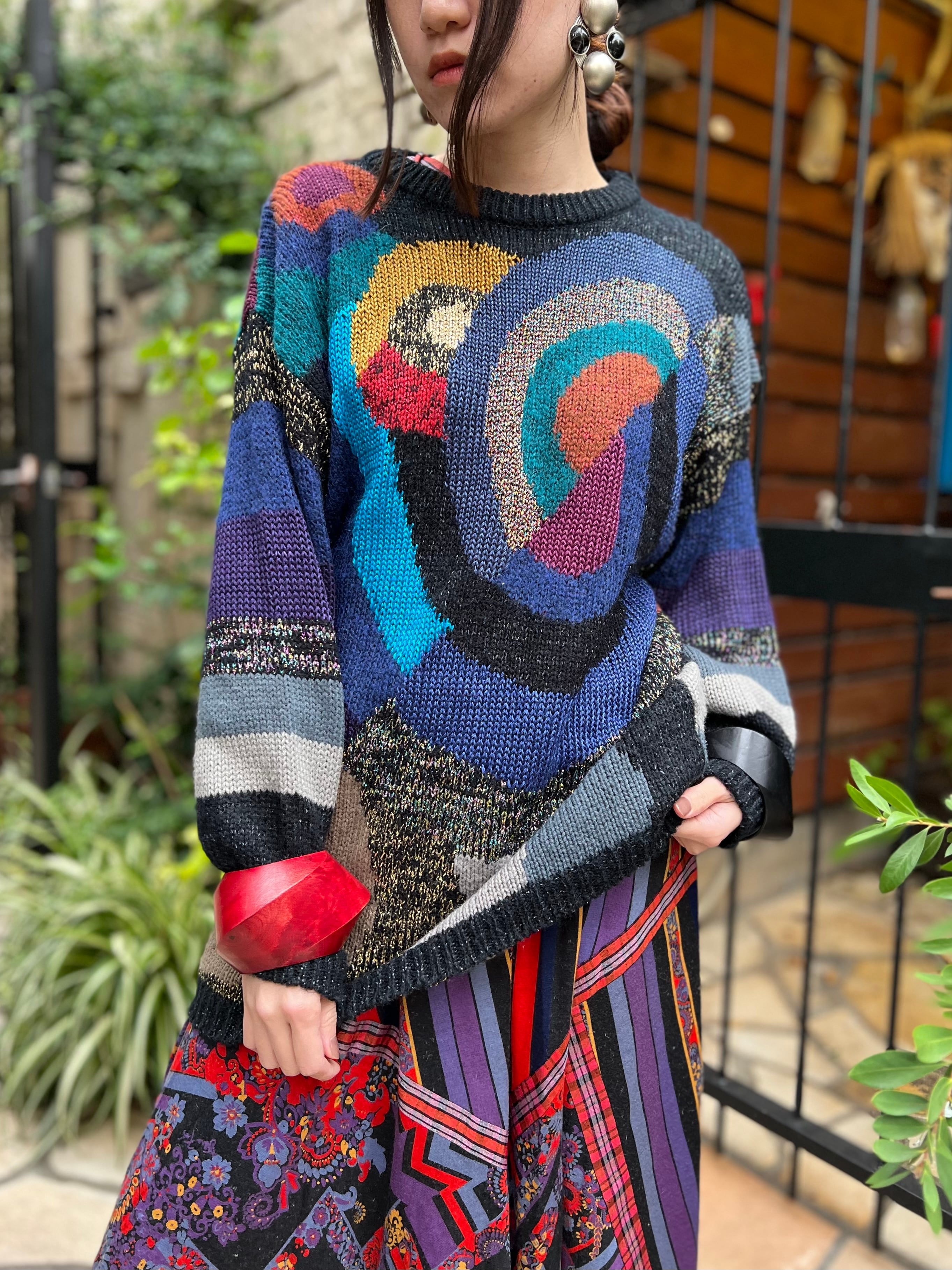 80s multicolor × geometric lame knit tops ( ヴィンテージ マルチ