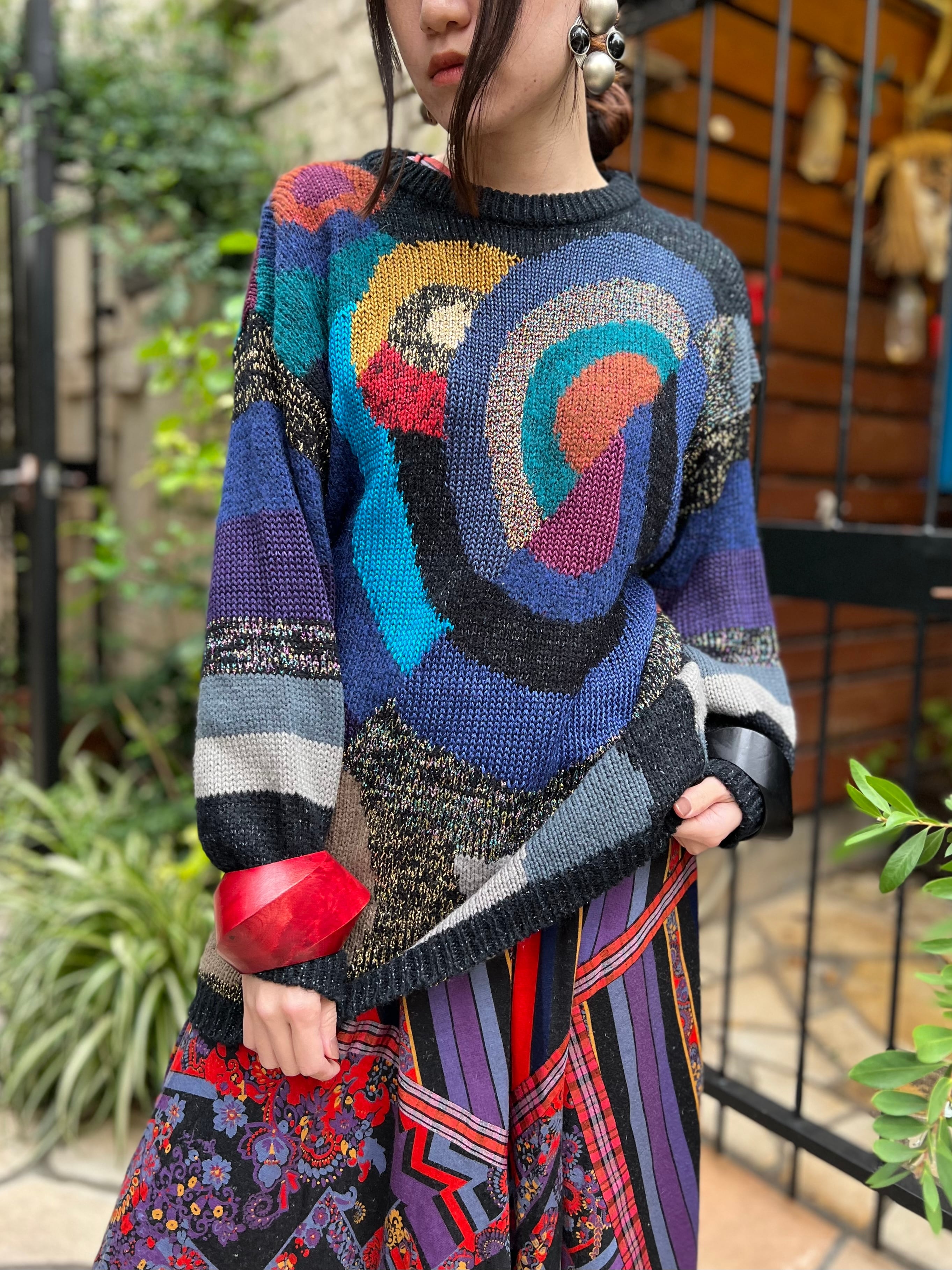 80s multicolor × geometric lame knit tops ( ヴィンテージ マルチカラー  × ラメ  ジオメトリック ニット トップス )