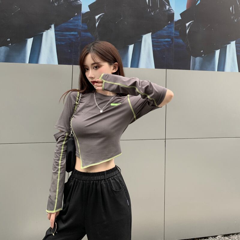 ネットレッドインタイドショートネーブルタイト長袖Tシャツレディース2020年初秋新作スリムセクシーグレートップ ブラックストロベリース2283070730