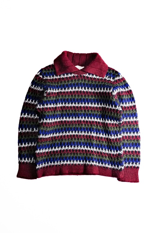 [Around 1970’s] “anonymous” Wool / Mohair / Alpaca Hand-Knitted Sweater Multi-Layer Striped Texture