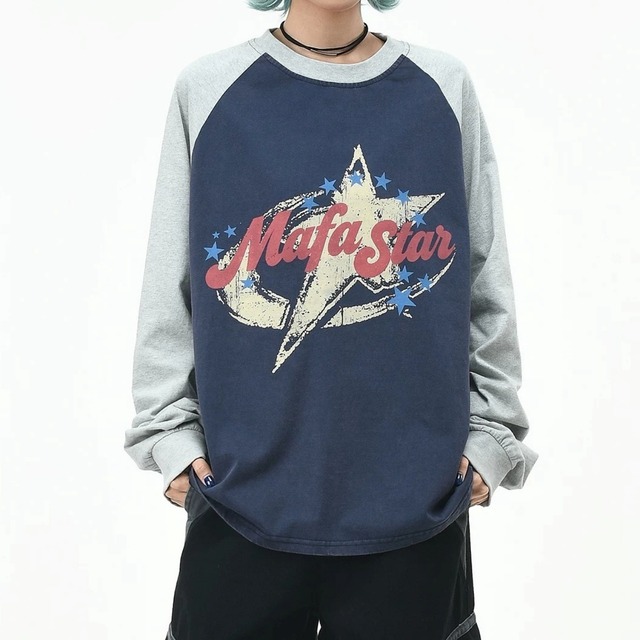 クラックレターグラフィックラグランルーズフォルムTシャツ 2col R02573