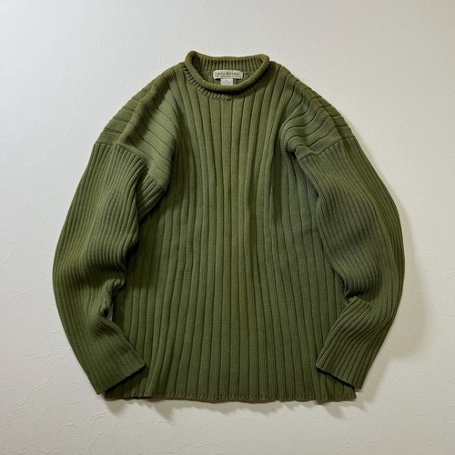 90s〜 BANANA REPUBLIC　コットン　ロールネック　畦編み　リブニット　セーター　バナナリパブリック　モスグリーン　XL 古着