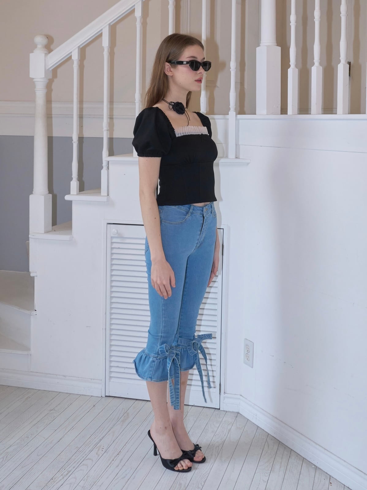 frill capri denim PT -light blue- | mieya mieya