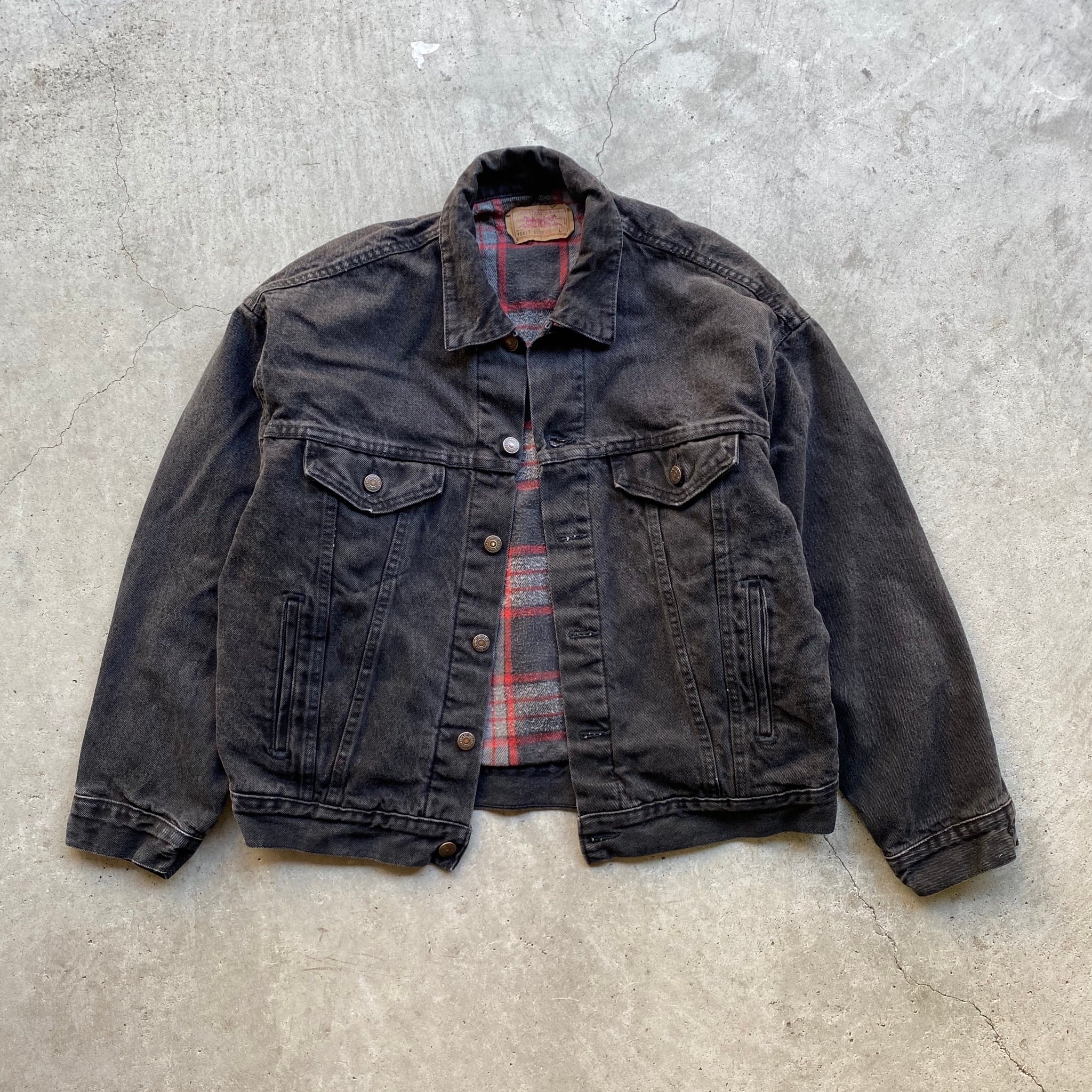 90年代 ビンテージ USA製 Levi's リーバイス 70417 6959 ブラックデニムジャケット トラッカージャケット ネルチェックライナー  裏地付き メンズL 90s ヴィンテージ 黒 古着 【デニムジャケット】 | cave 古着屋【公式】古着通販サイト powered by BASE