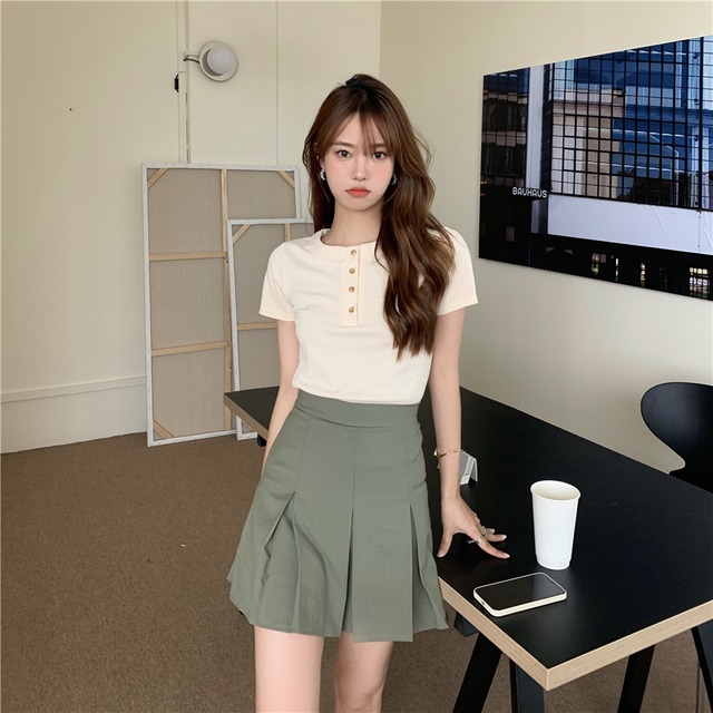 サマーセット スリムフィット半袖スリーブTシャツ 薄手Aラインプリーツスカート ショート ハーフスリーブ 夏物 クレセントシティ39406356193