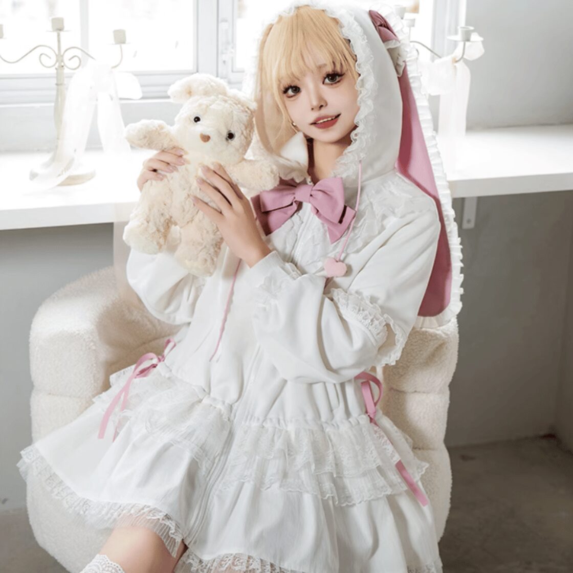 ゴスロリ通販 With U ゆめかわ ワンピース 白うさぎ うさ耳 ガーリー
