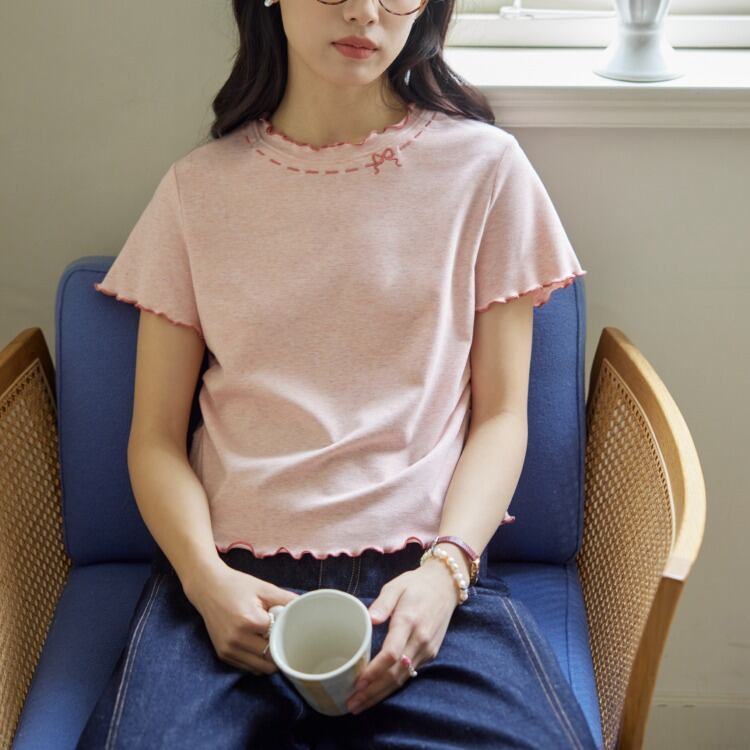 リボンモチーフ刺繍 ラウンドネックTシャツ 00266