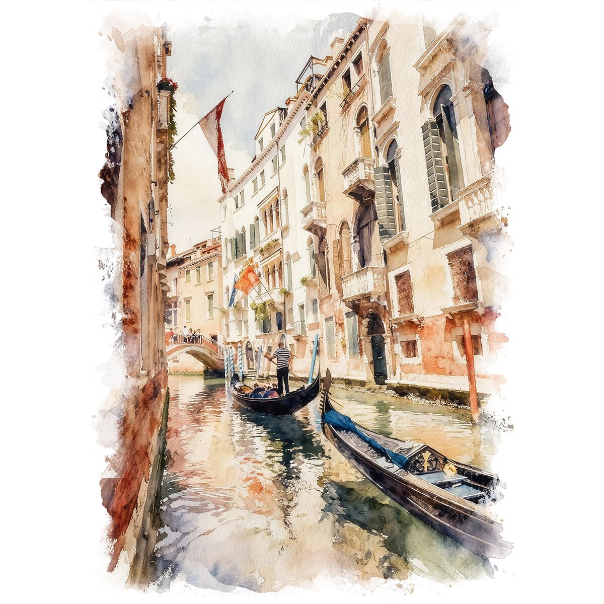 絵画 風景画(街並み) イタリア ヴェネツィアの運河 インテリアアート額付き 水彩画・油絵風 WAT0817