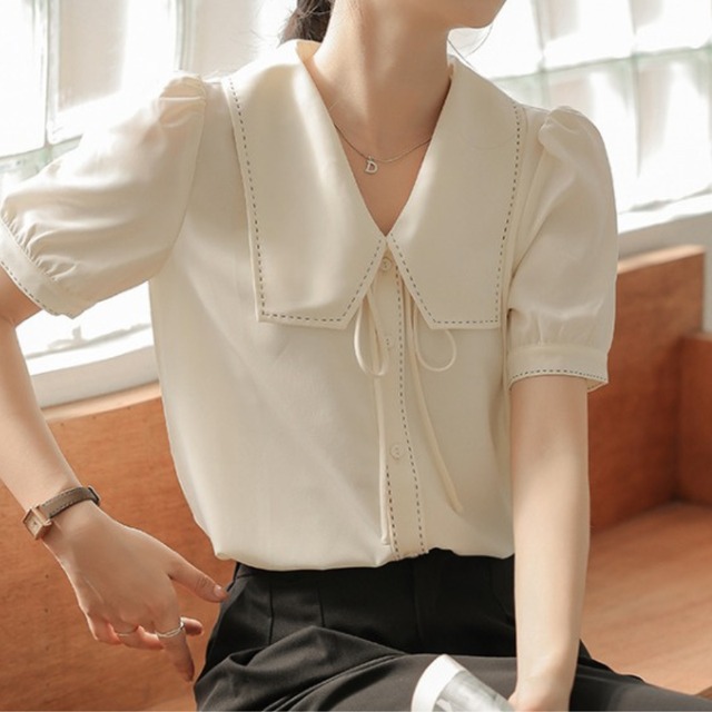 ワイドカラー Vネック パフスリーブ ブラウス U0504