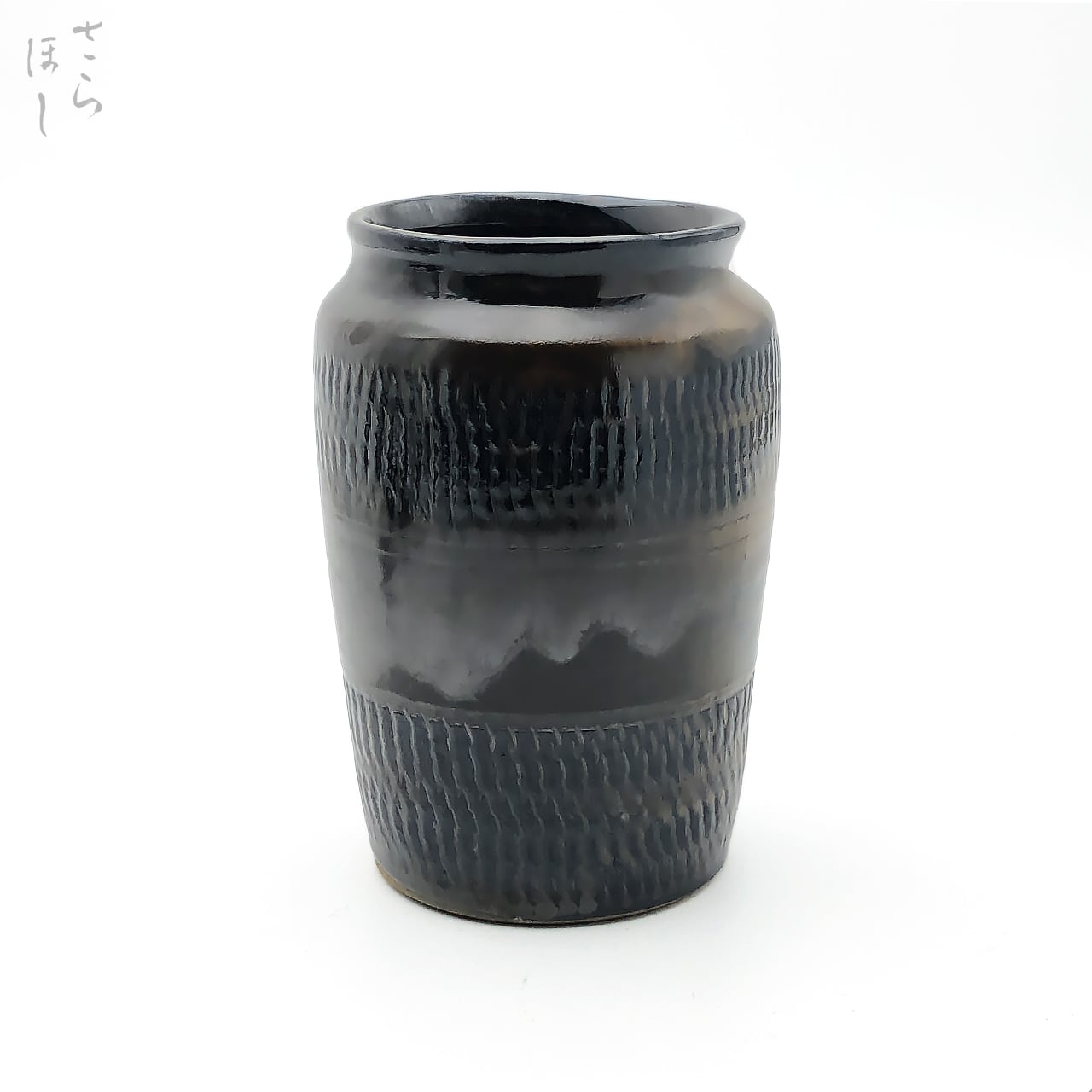 小鹿田焼 小袋窯 5寸筒花瓶 松文イッチン描き 高さ約14cm 箸立て 筆