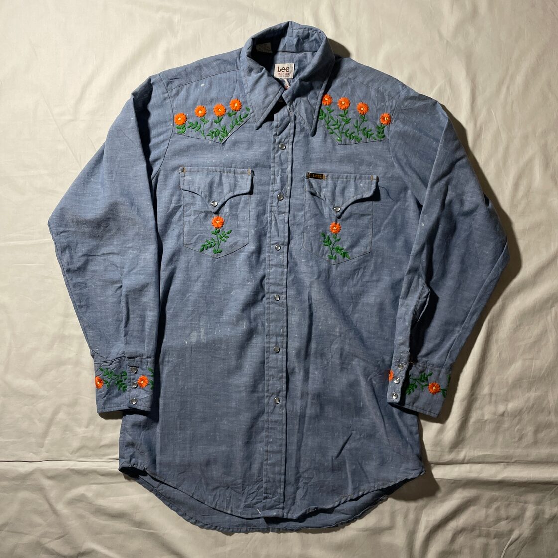 70s Lee シャンブレーウエスタンシャツ ヒッピー 刺繍 ヴィンテージUSA 