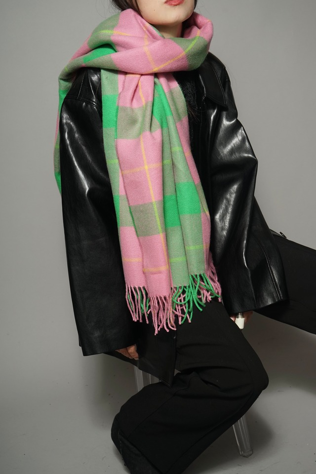 PLAID BIG SCARF (PINK×GREEN) 2312-21-7E