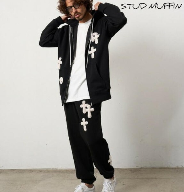 STUD MUFFIN スタッドマフィン パーカー ジップアップ 裏毛起毛 ファー-ムック ボアミックス パッチワーク ジップパーカー ブラック 624-02916 2026年 モデル