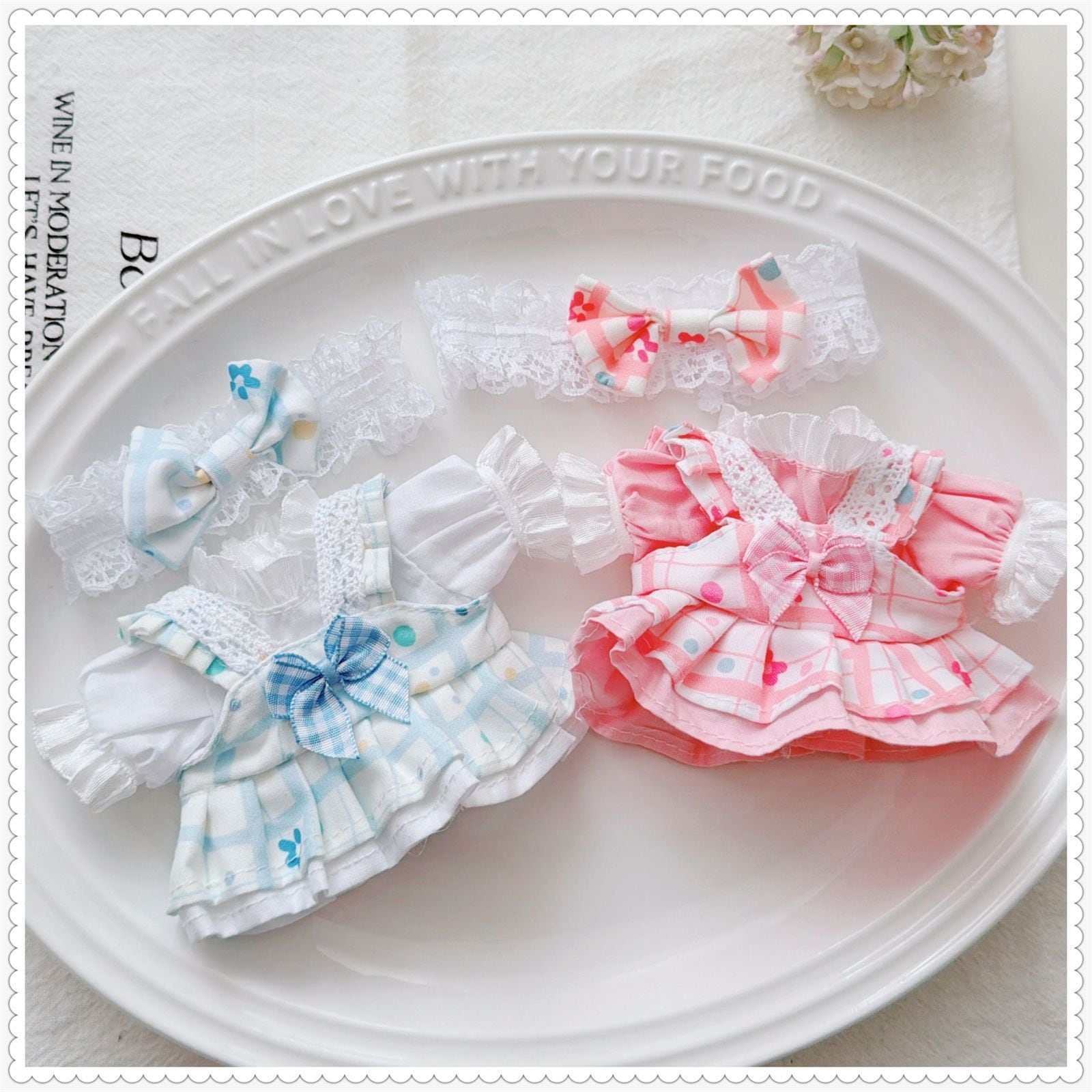 Labubu 1-3世代/DIMOO対応 チェック 花柄ワンピース+トップス+レース