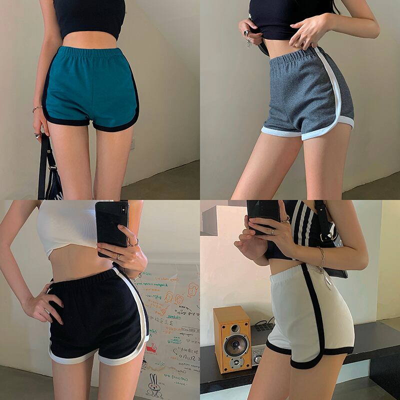 ストレッチウェストカジュアルパンツ サマー薄手Aラインショーツ ブラックハイウェスト エラスティック 伸縮 夏物 ブルマー ブラックストロベリース38989038050