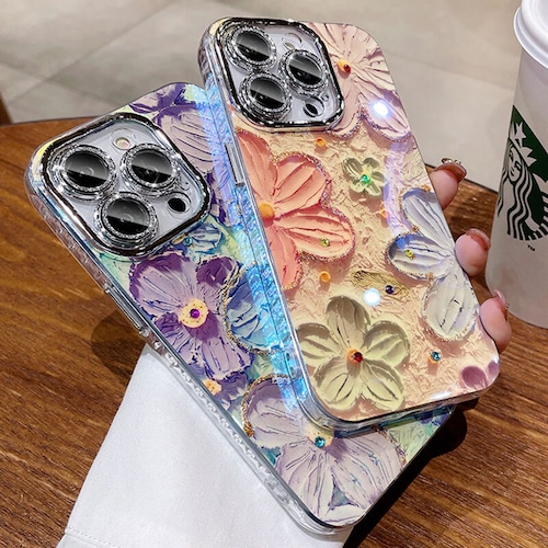 【iphone15対応】 おしゃれ 3D フラワーデザイン レンズ 保護 カバー ダイヤモンド入り 耐衝撃 バンパー 耐水性 防塵 抗指紋 iphone レーザー ケース 2配色