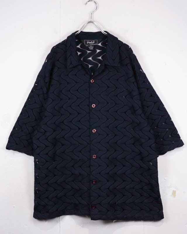 【Caka act2】Waving Design Vintage Open Collar S/S Knit Shirt
