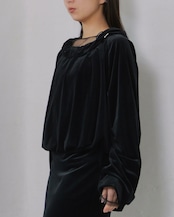 RITSUKO KARITA - Sheer Velour Gather Tops〔plain〕 :Black|透けベロア/ネックギャザー