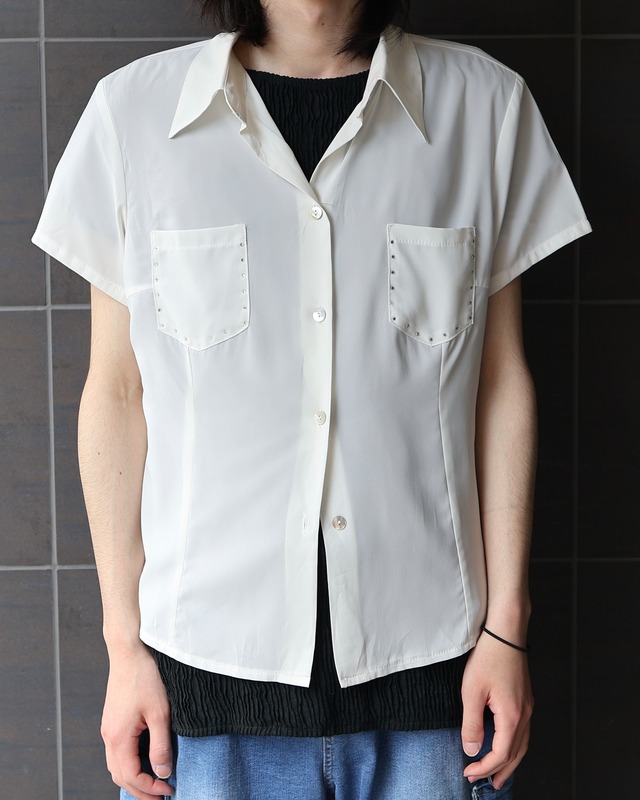 Rhinestone design sheer short sleeve shirt