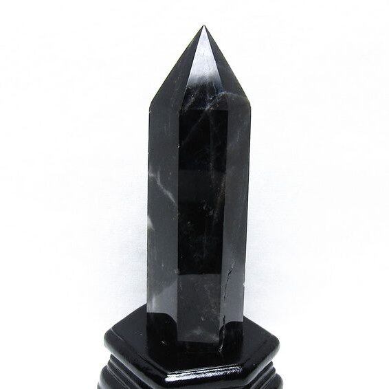 黒水晶 六角柱 モリオン ポイント 置物 一点物 台座付属 152-4327